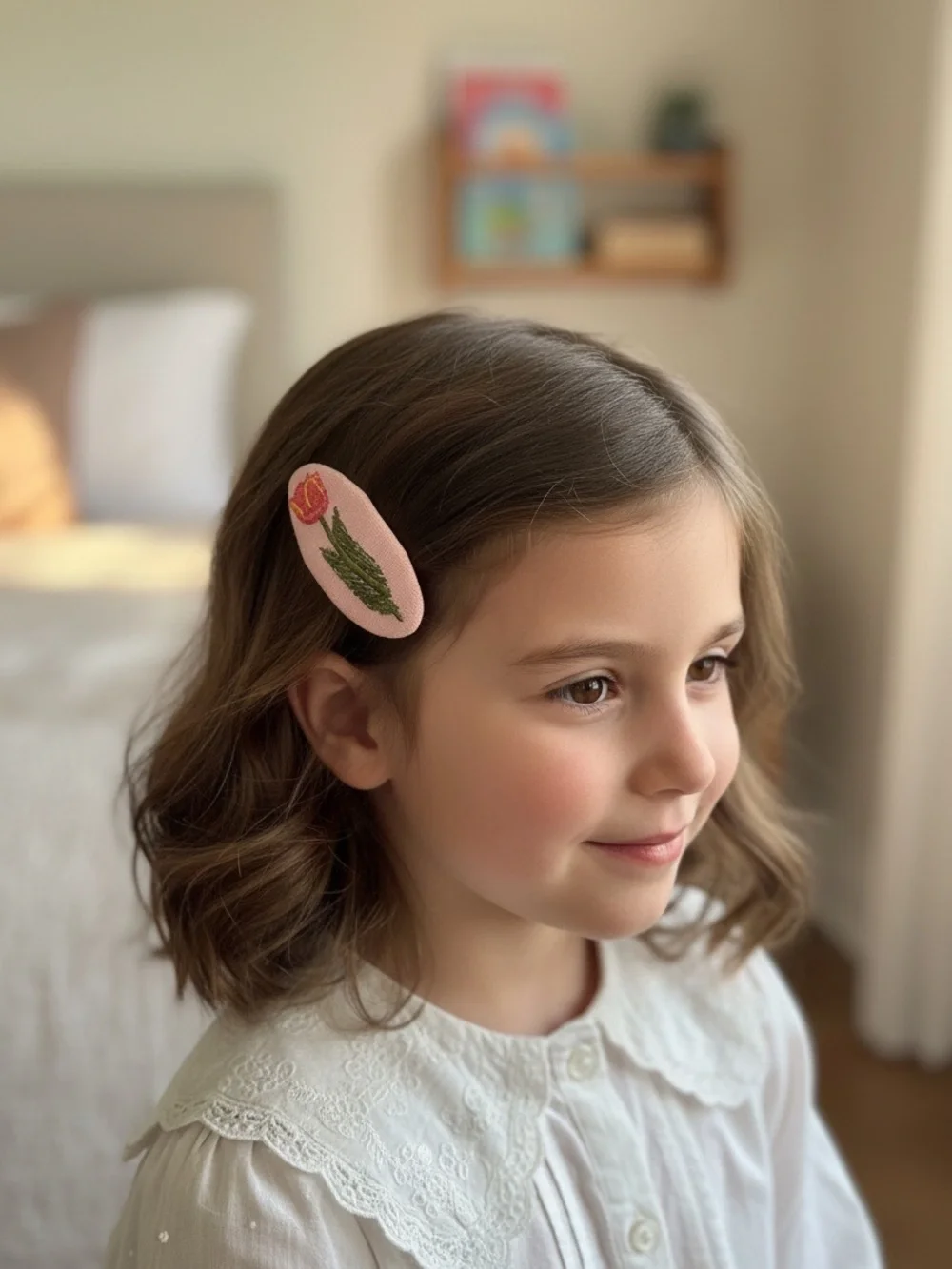 Embroidered Tulip Linen Hair Clip Pink Cottagecore Snap Barrette